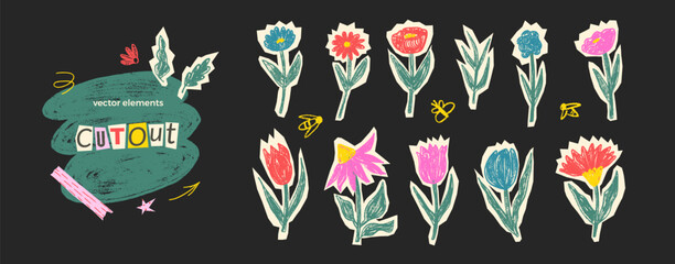 Crayon flowers cutouts stickers. Garden plants cut out set. Paper collage kids chamomile, leaves and wildflower shapes. Scrapbook naive sticker floral elements. Vector scrap doodles pencil texture. © Syuzann q