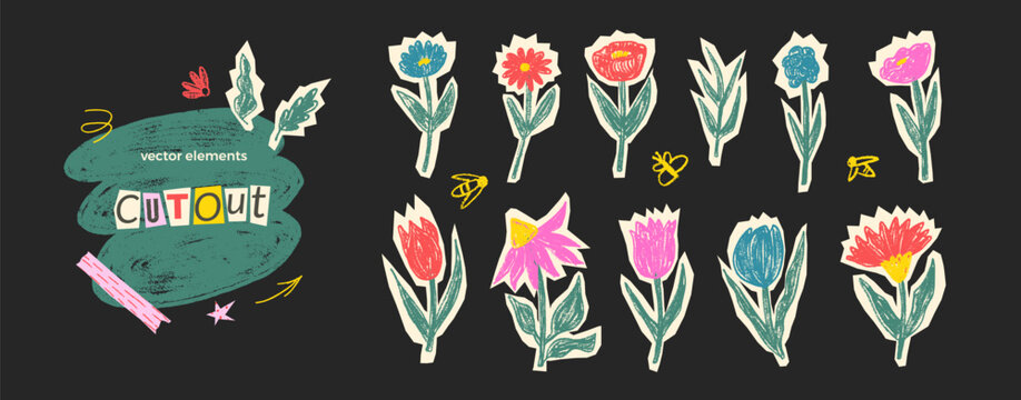 Crayon flowers cutouts stickers. Garden plants cut out set. Paper collage kids chamomile, leaves and wildflower shapes. Scrapbook naive sticker floral elements. Vector scrap doodles pencil texture.