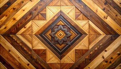 Intricate Geometric Wood Mosaic Pattern with Warm Tones.