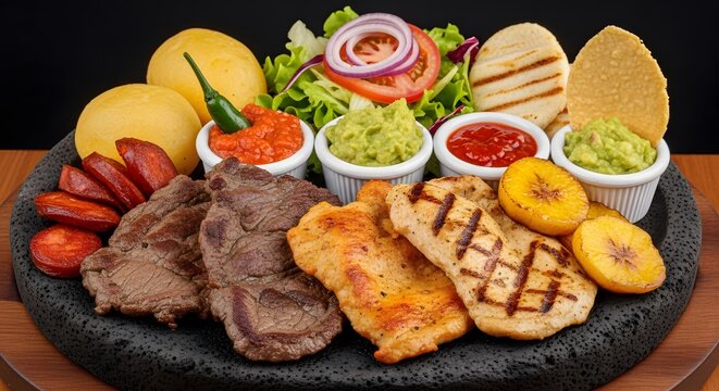 Grilled Meat Picada Platter Steak Chicken Chorizo Arepas and Sides