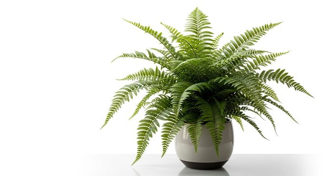 A lush green fern fills a twotone pot set against a stark white background
