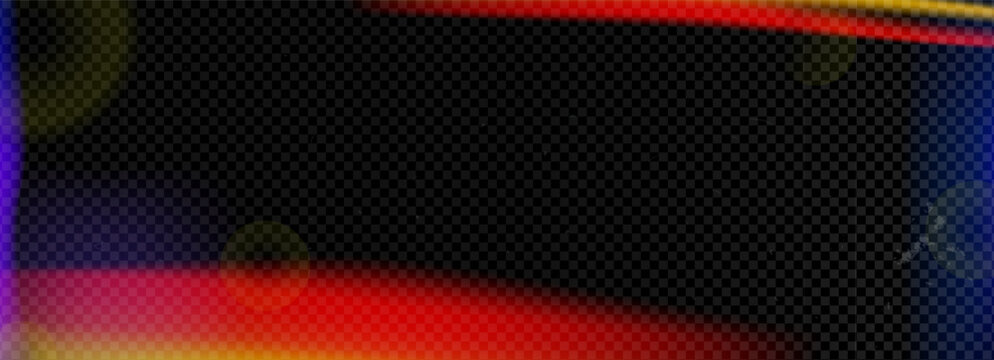 Light film leak flare effect with camera lens for photo. Transparent galaxy dark planet frame with noise and bokeh. Burnt red stripes gradient. Cosmos magic background filter texture overlay.
