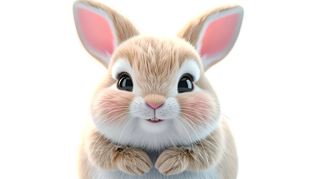 A digital rendering of a cute, fluffy bunny with big, dark eyes and pink ears