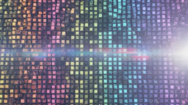 A grid of iridescent squares transitions through a vibrant rainbow spectrum