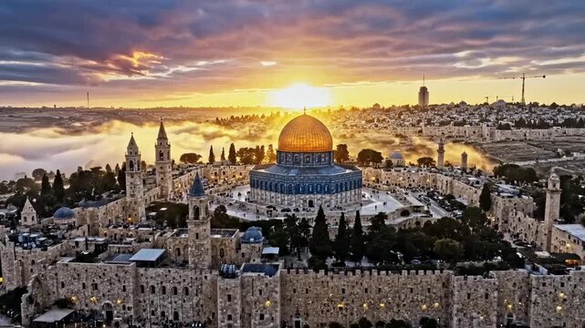 Jerusalem Old City Dome of the Rock Sunrise Aerial View.