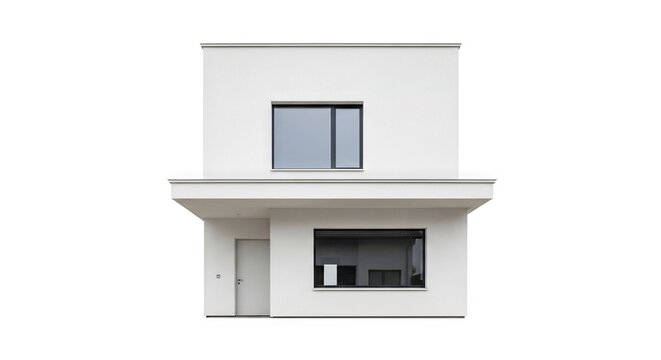 A modern white twostory square house with two darkframed windows and a white door on the first floor
