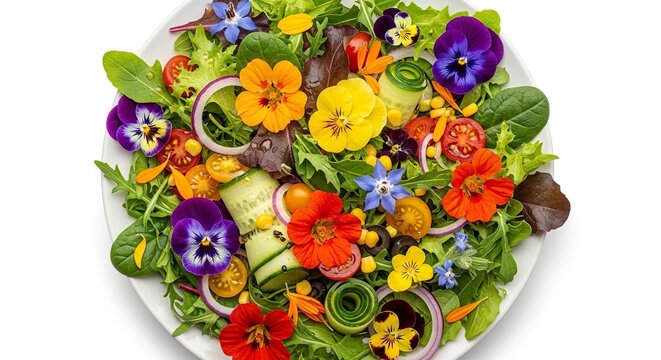 Salad with mixed greens tomatoes cucumbers red onion and edible flowers on a white plate