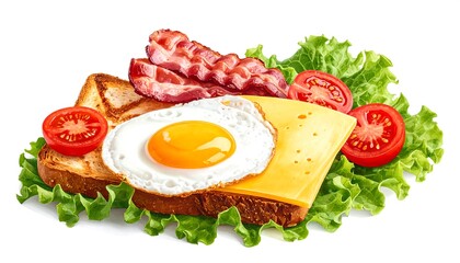 Delicious Breakfast Sandwich with Fried Egg, Bacon, Cheese, and Tomato on Lettuce.