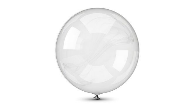A clear round balloon with a bottom fastening casting a small shadow on a white surface