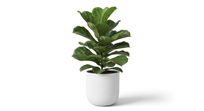 Fiddleleaf fig tree in a white pot centered on a plain background