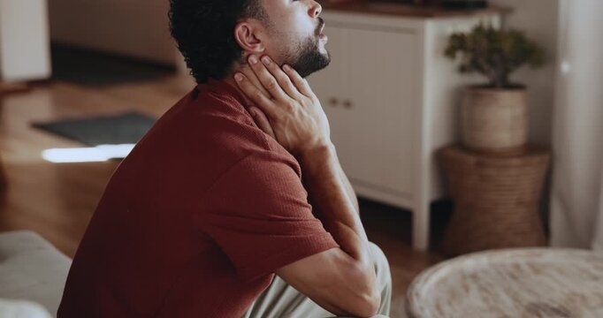 Frustrated, upset and man with stress in house, overthinking and disappointment for financial crisis. Poor money management, anxiety or person with regret for future security, bankrupt or overwhelmed