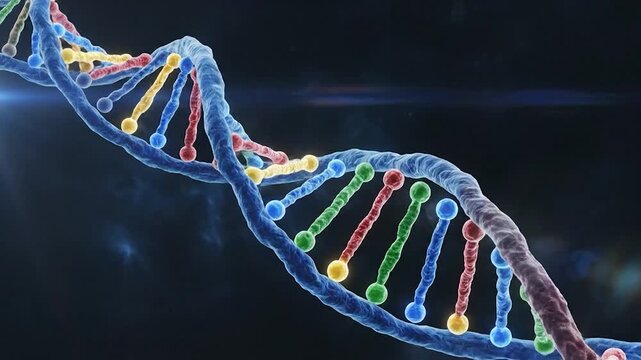 A vibrant 3D rendering of a DNA double helix structure against a dark