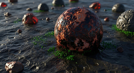 A large, rusty metal sphere surrounded by smaller rocks and green moss in a muddy terrain, captured from a low angle.