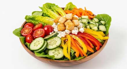 Salad in wooden bowl lettuce tomatoes cucumbers carrots peppers feta cheese croutons