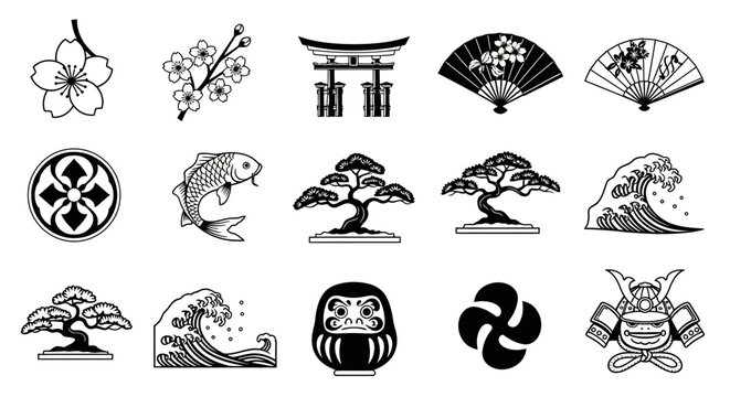Japanese culture icons set, traditional symbols vector