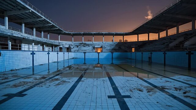 An aged, decrepit outdoor pool at dusk, with an empty interior and a dark, moody atmosphere