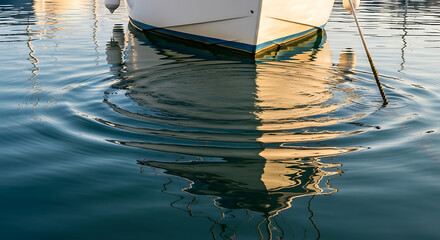 Close-up view of a boats bow reflecting in the tranquil water surface.