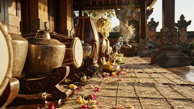 Balinese Gamelan Ensemble with Drums, Flower Offerings and Incense at Temple Ceremony, Cultural Celebration, Religious