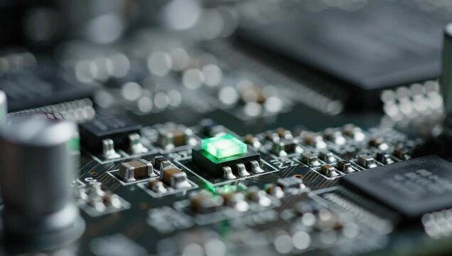 Close-Up of a Modern Circuit Board with Glowing Components.