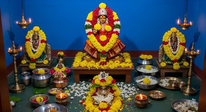 Basoda (Sheetala Ashtami), a simple altar with a statue of Goddess Sheetala surrounded by cold food offerings, a traditional village house backdrop with small lamps at night