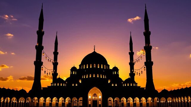 Silhouette of a mosque at sunset with a beautiful vibrant sky colors