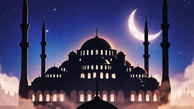 Enchanting Silhouette of a Mosque at Night with Crescent Moon and Stars