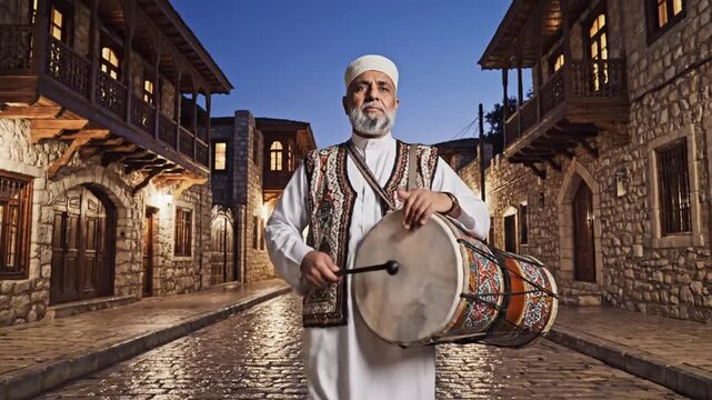 A man in traditional clothing holding a drum in a historic city