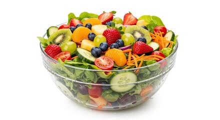 A glass bowl filled with a vibrant mix of fruits vegetables and greens