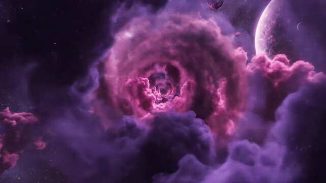 Cosmic cloud tunnel with planets.