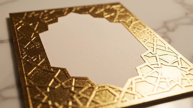 Elegant golden frame with intricate geometric pattern on a marble surface