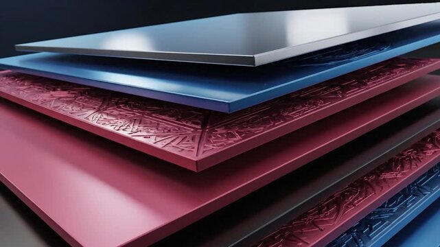 Abstract layered composition with colorful llic sheets and textured patterns