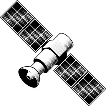 A satellite in a vintage retro halftone style. Space technology concept