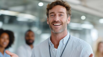 Confident male team leader smiling in front of office staff.