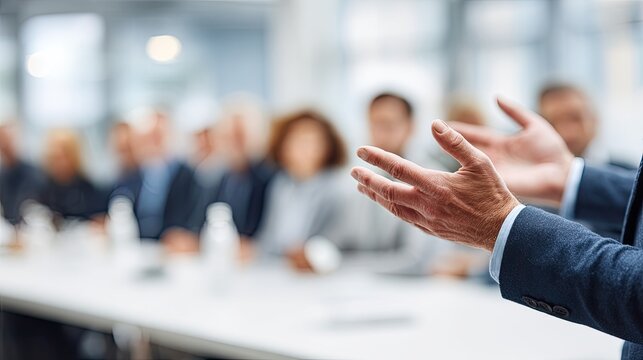 Man Giving Presentation with Open Palms to Group of People in Meeting