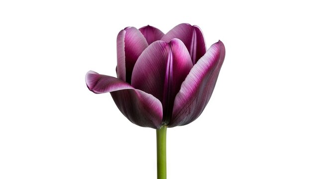 A single elegant purple tulip stands upright its petals tightly furled