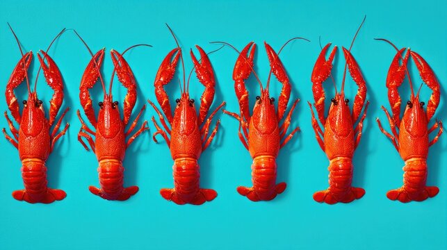 Bright red crawfish pattern on a vibrant turquoise background creating a modern aesthetic