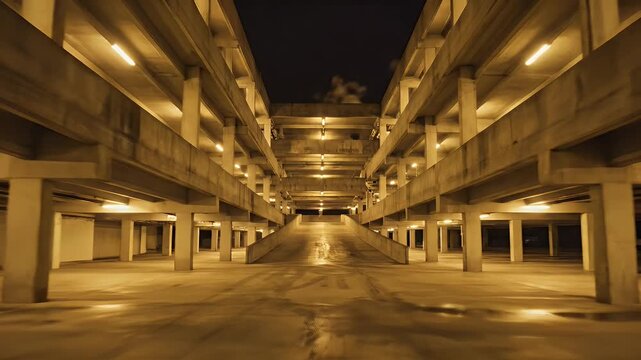 A perspective of an empty parking structure illuminated by overhead lights at dusk
