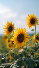 Fototapeta premium Sunflowers embrace a bright summer sky in this serene rural landscape stock photo image