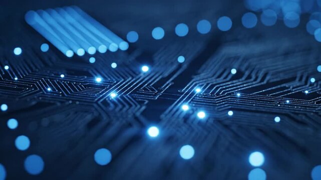 Circuit board close up blue glowing technology high tech pattern