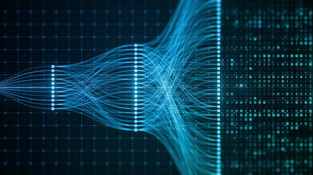 Binary Code Zeros Ones Data Flow Neural Network Visualization with Digital Nodes, Big Data AI Machine Learning Algorithm System, Digital Technology Background for Artificial Intelligence Concept