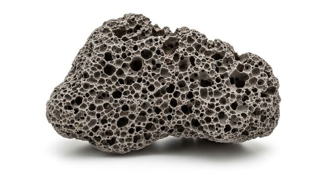 Porous gray rock with many holes cast a shadow on a plain white background
