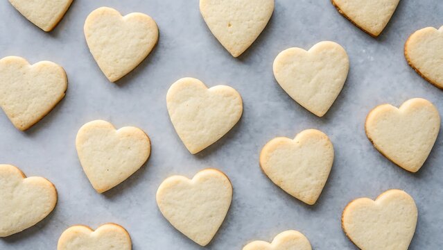 Heart-shaped shortbread cookies arranged neatly on a light gray baking paper, a sweet treat
