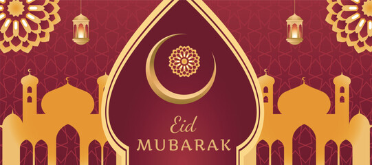 Eid mubarak arabic calligraphy with crescent moon, mosque and islamic geometric pattern © Dot Spring