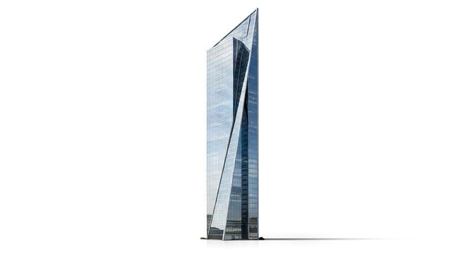 Sleek tall skyscraper with a unique triangular top towering against a white backdrop Its facade is mainly glass