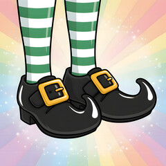 Vibrant elf shoes with gold buckles on colorful background St. Patrick's Day