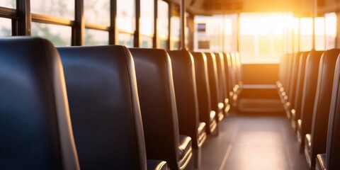 Interior of an empty school bus with rows of seats and warm golden sunlight through windows.