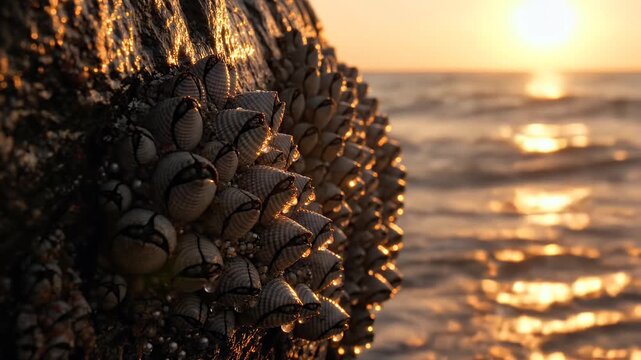 A close-up view of barnacles on a rock, with ocean waves and sunset light in the background