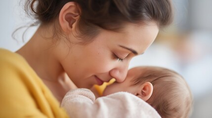Close up of a loving mother embracing and nuzzling her newborn baby with tenderness.