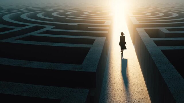 Business success concept video. Professional female walking through maze.