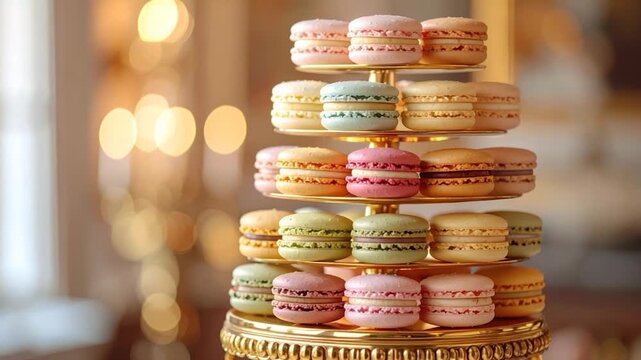 A tiered, golden stand displays colorful macarons with a blurred, warm background